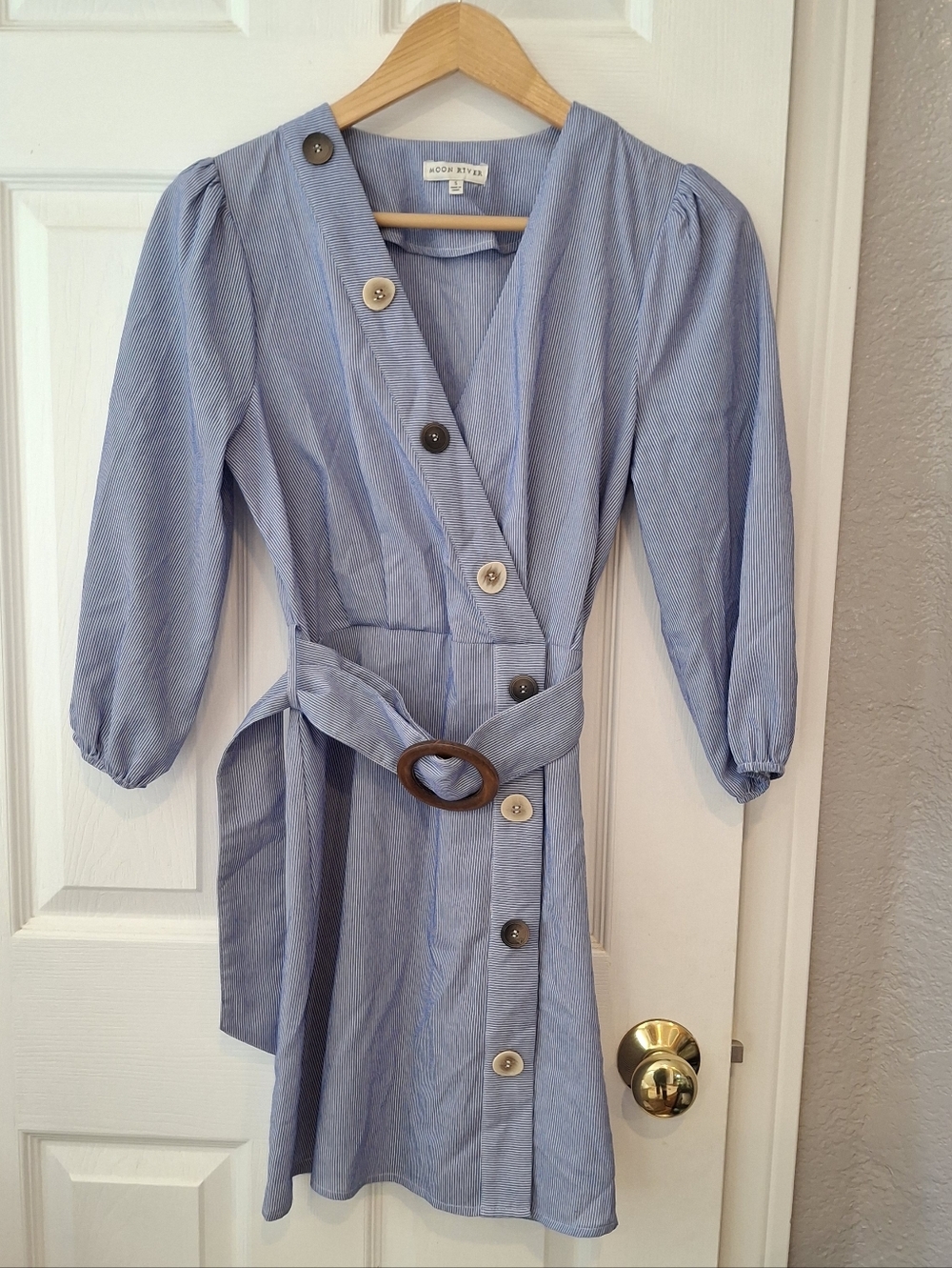 Moon River Half Wrap Dress Blue White Stripes Button Detail Belted Wms Sz S